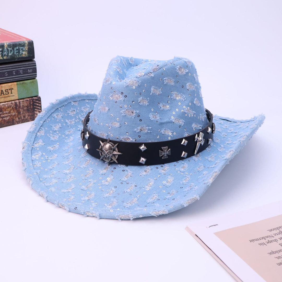Chapeau de cowboy déchiré avec ceinture noire et tête de mort argentée pour homme - Bleu clair - M (22"-22 7/8") - image 1