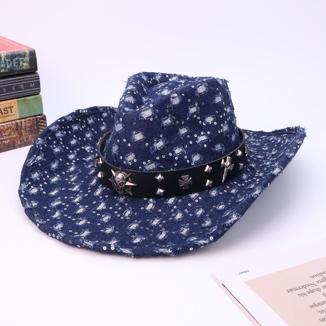 Chapeau de cowboy déchiré avec ceinture noire et tête de mort argentée pour homme - Bleu marine - M (22"-22 7/8") - image 5