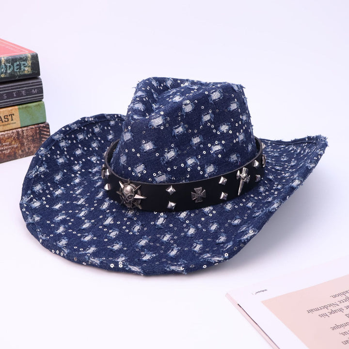 Chapeau de cowboy déchiré avec ceinture noire et tête de mort argentée pour homme - Bleu marine - M (22"-22 7/8") - image 5