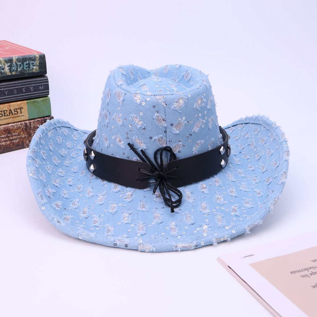 Chapeau de cowboy déchiré avec ceinture noire et tête de mort argentée pour homme - image 4