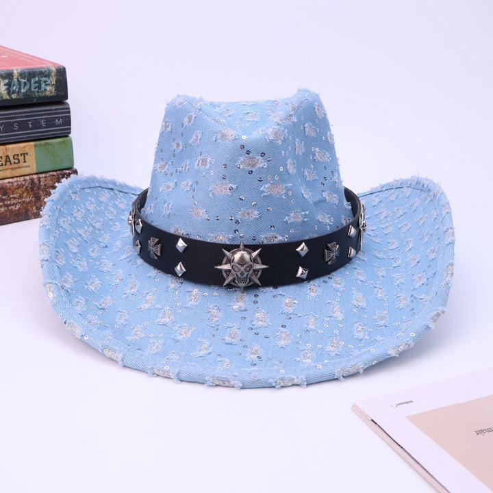 Chapeau de cowboy déchiré avec ceinture noire et tête de mort argentée pour homme - image 2