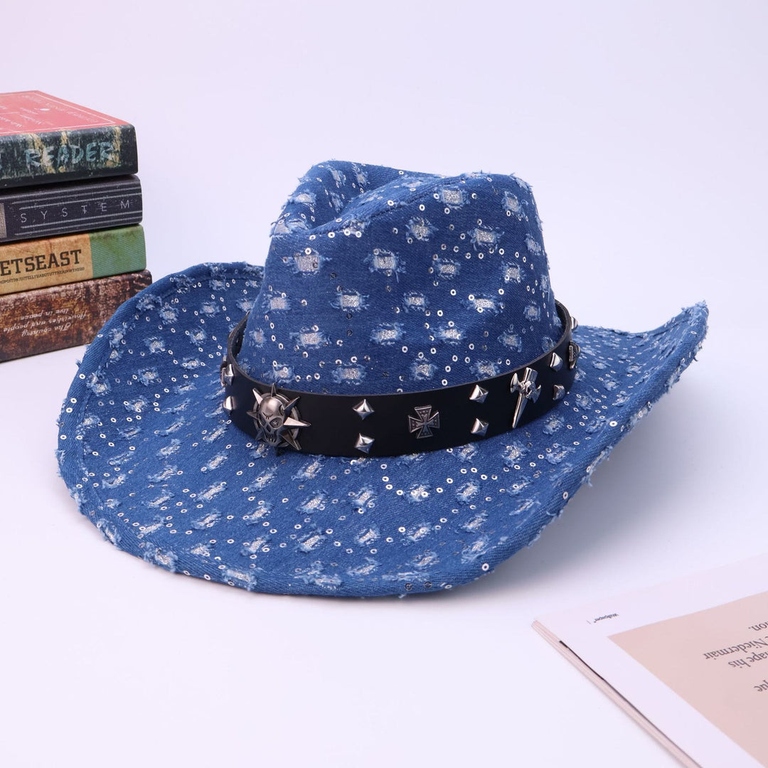 Chapeau de cowboy déchiré avec ceinture noire et tête de mort argentée pour homme - Bleu foncé - M (22"-22 7/8") - image 0
