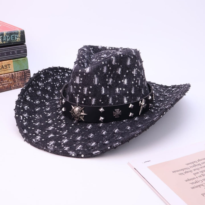 Chapeau de cowboy déchiré avec ceinture noire et tête de mort argentée pour homme - Noir - M (22"-22 7/8") - image 6