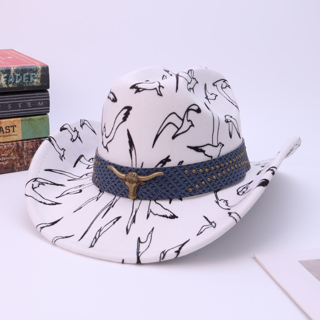 Chapeau de cowboy pour homme avec ceinture en laiton à motif d'oiseau et tête de taureau - Blanc - M (22"-22 7/8") - image 0