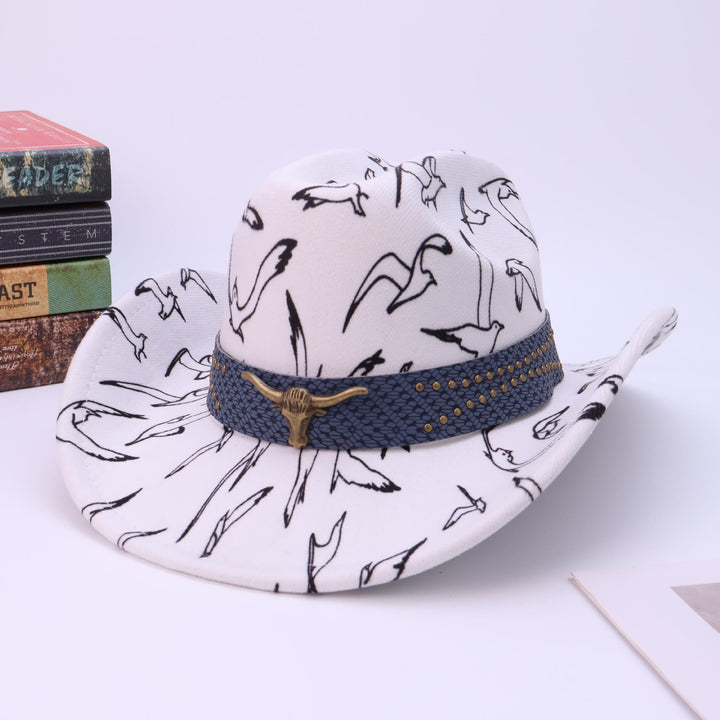 Chapeau de cowboy pour homme avec ceinture en laiton à motif d'oiseau et tête de taureau - Blanc - M (22"-22 7/8") - image 0