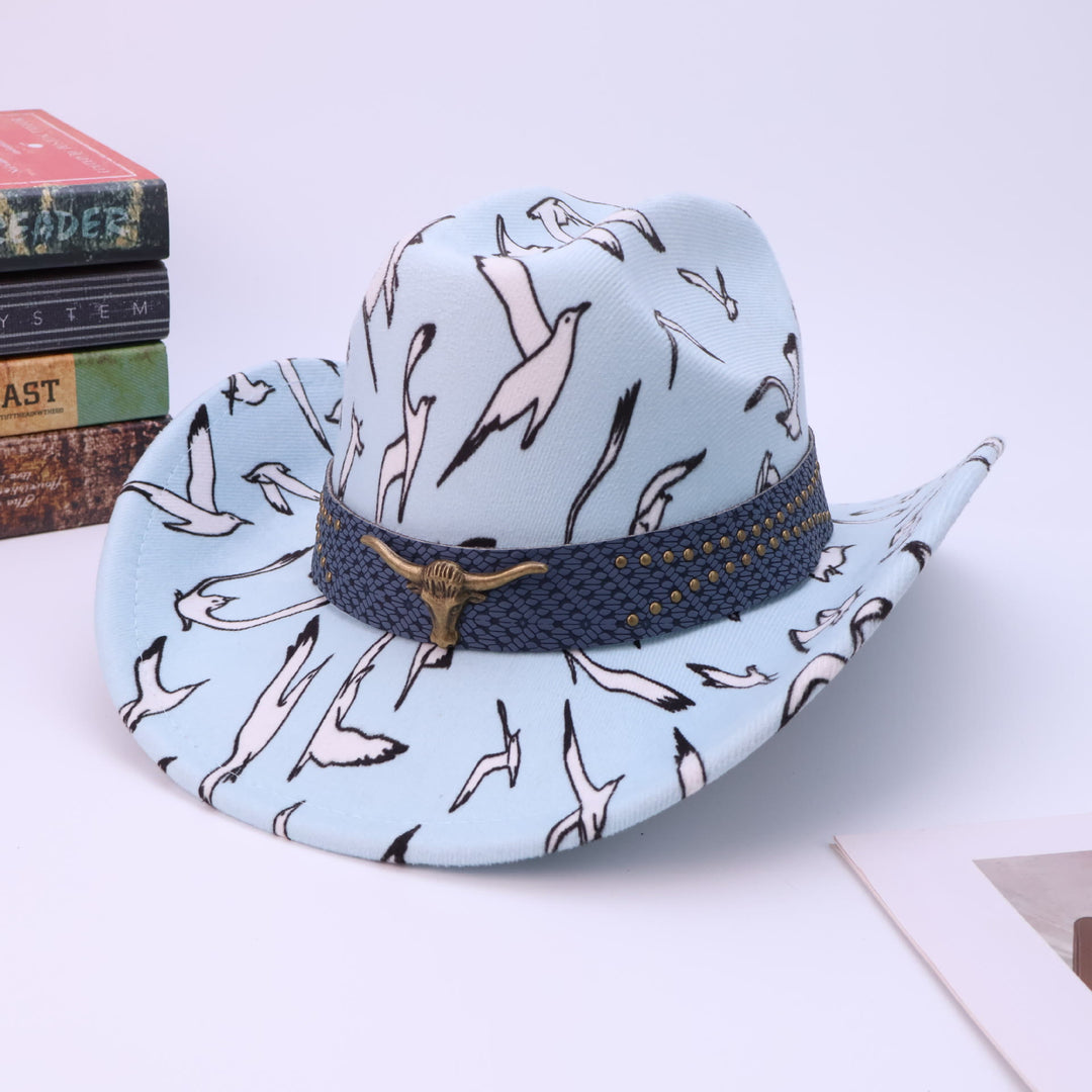Chapeau de cowboy pour homme avec ceinture en laiton à motif d'oiseau et tête de taureau - Bleu clair - M (22"-22 7/8") - image 6