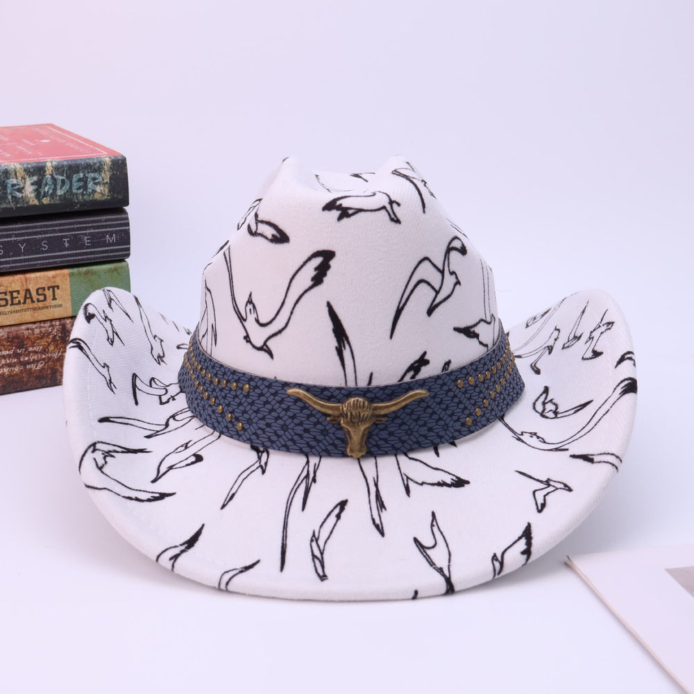 Chapeau de cowboy pour homme avec ceinture en laiton à motif d'oiseau et tête de taureau - image 1