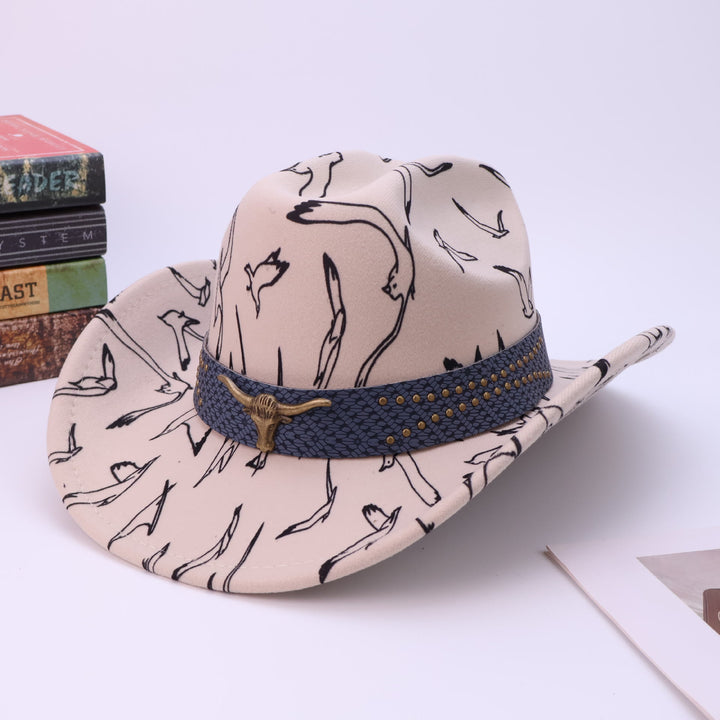 Chapeau de cowboy pour homme avec ceinture en laiton à motif d'oiseau et tête de taureau - Beige - M (22"-22 7/8") - image 2