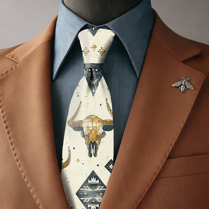 Cravate western rétro pour homme avec motif de crâne de taureau et cactus - Cravate - image 0
