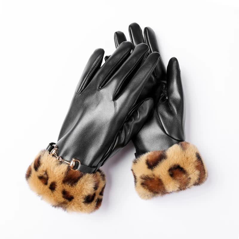 Gants en cuir imprimé léopard effet fourrure pour femmes - image 1