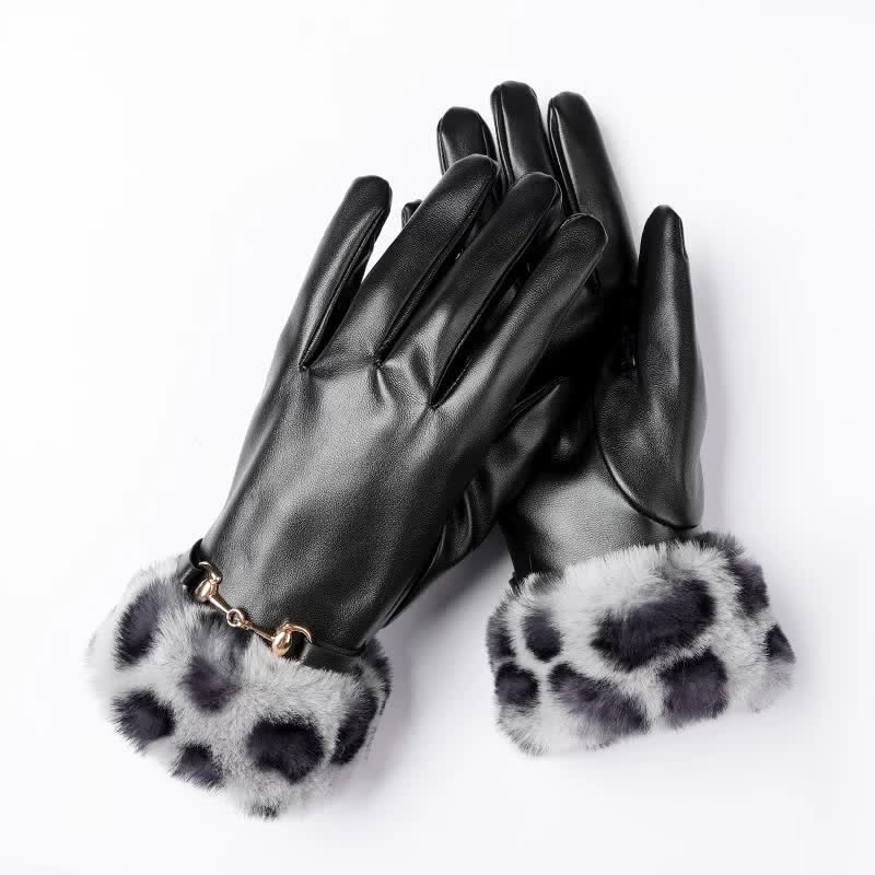 Gants en cuir imprimé léopard effet fourrure pour femmes - Gris - image 2