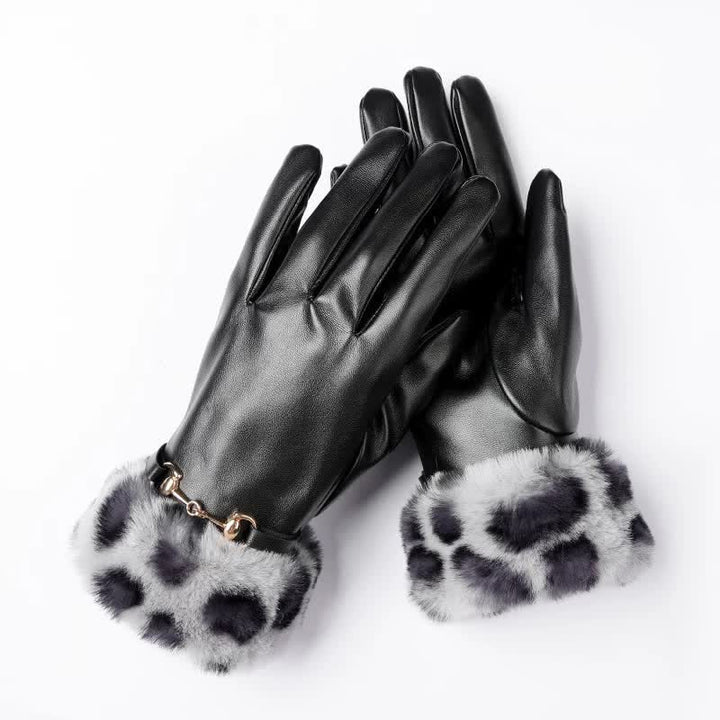 Gants en cuir imprimé léopard effet fourrure pour femmes - Gris - image 2