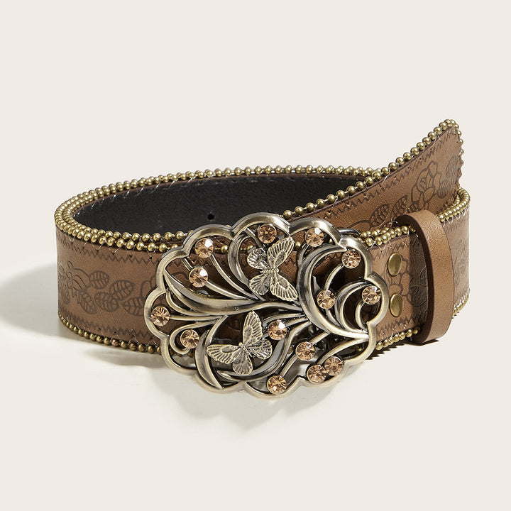 Ceinture marron en relief avec boucle papillon en métal et diamant pour femme - Fleurs de papillon - 34 - image 0