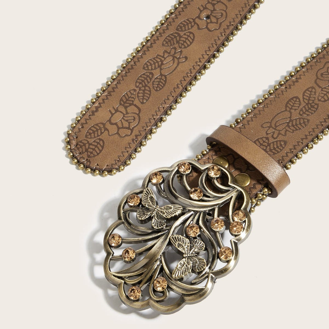 Ceinture marron en relief avec boucle papillon en métal et diamant pour femme - image 1