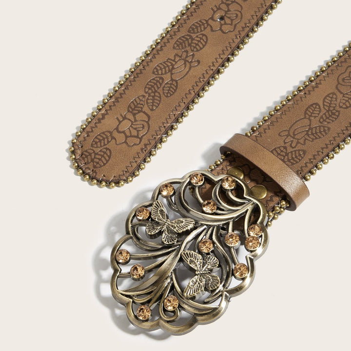 Ceinture marron en relief avec boucle papillon en métal et diamant pour femme - image 1
