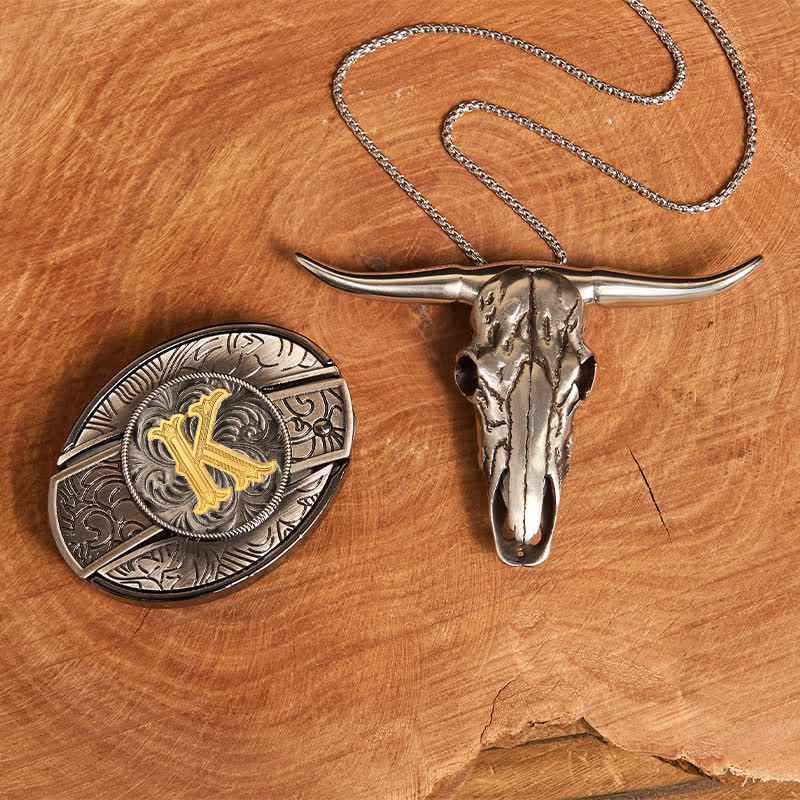 Ensemble de boucles de ceinture et pendentifs Longhorn avec couteau caché et initiales (à monter soi-même) - K - Sans ceinture - image 19