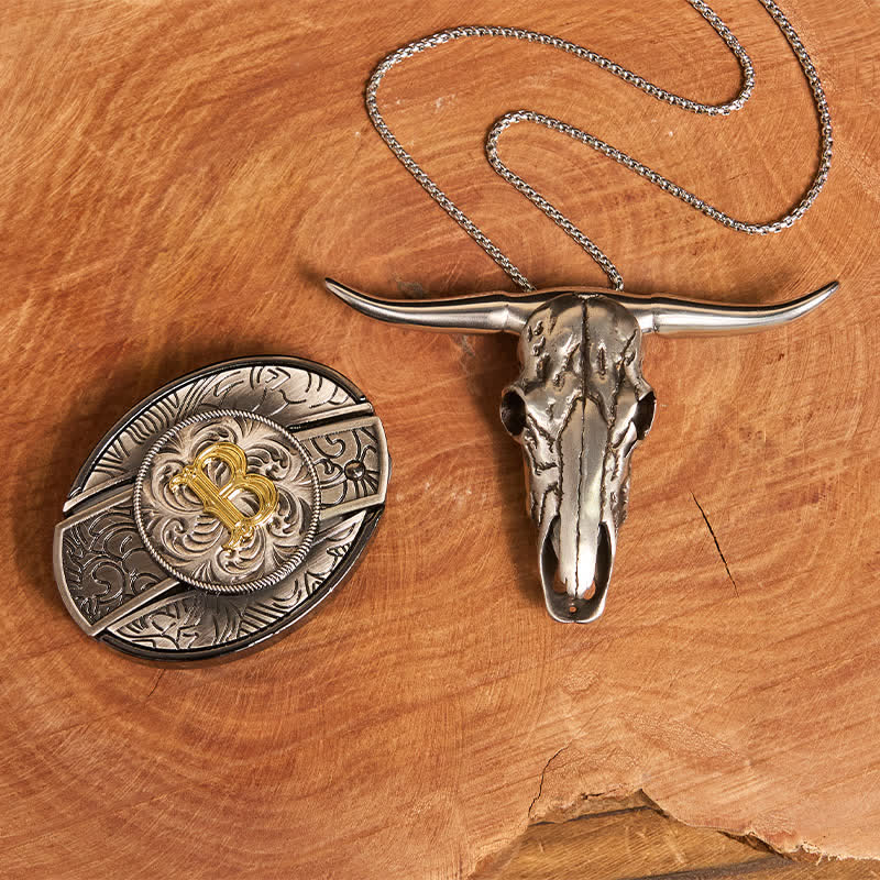 Ensemble de boucles de ceinture et pendentifs Longhorn avec couteau caché et initiales (à monter soi-même) - B - Sans ceinture - image 1