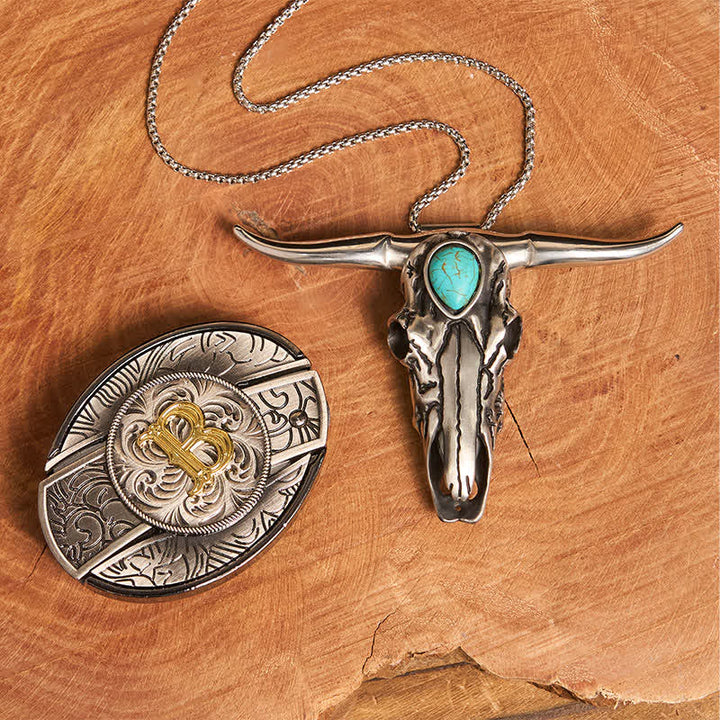 Ensemble pendentif taureau turquoise avec boucle de couteau cachée et initiales (à faire soi-même) - B - Sans ceinture - image 1