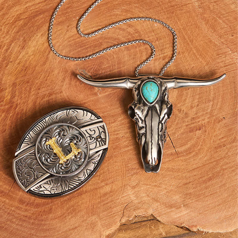 Ensemble pendentif taureau turquoise avec boucle de couteau cachée et initiales (à faire soi-même) - L - Sans ceinture - image 20