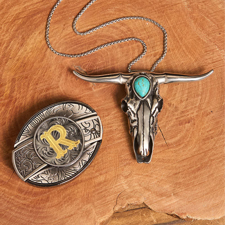 Ensemble pendentif taureau turquoise avec boucle de couteau cachée et initiales (à faire soi-même) - R - Sans ceinture - image 26