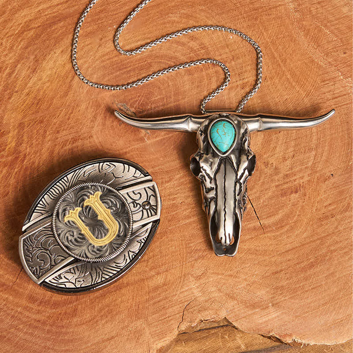 Ensemble pendentif taureau turquoise avec boucle de couteau cachée et initiales (à faire soi-même) - U - Sans ceinture - image 29