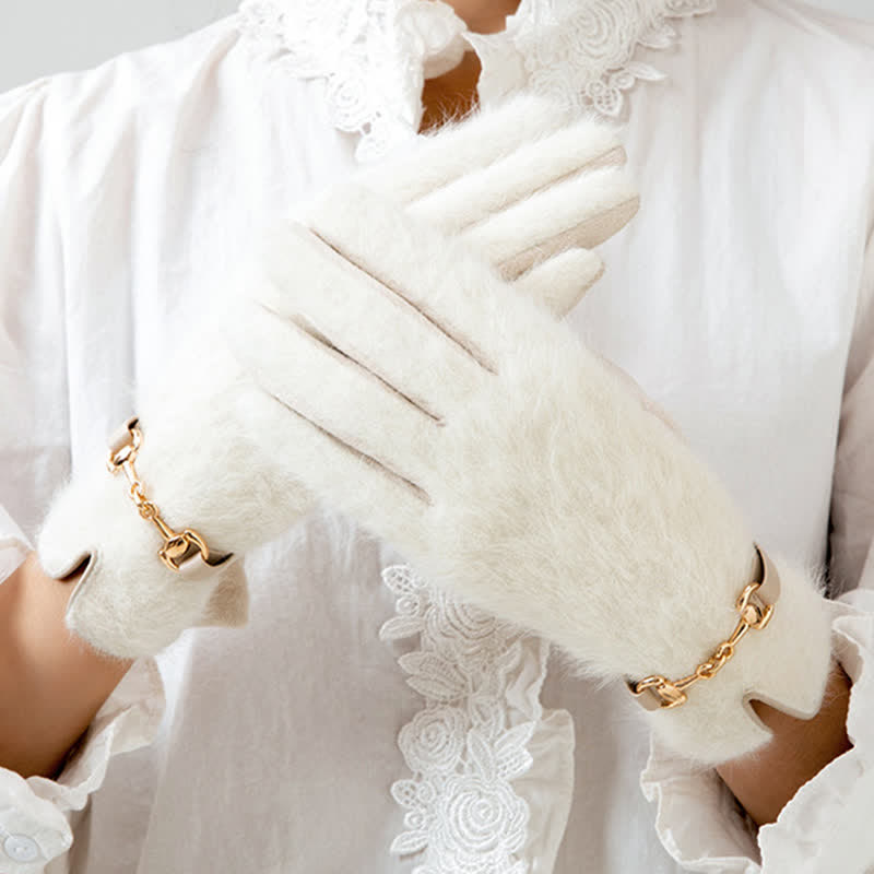 Gants en cuir suédé patchwork en fausse fourrure de lapin pour femmes - Blanc - image 8