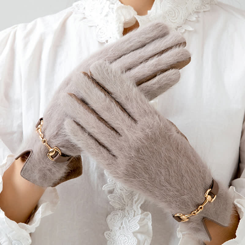 Gants en cuir suédé patchwork en fausse fourrure de lapin pour femmes - image 1