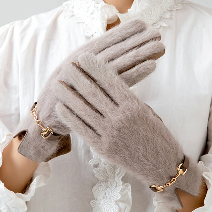 Gants en cuir suédé patchwork en fausse fourrure de lapin pour femmes - image 1