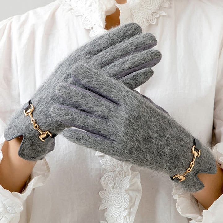 Gants en cuir suédé patchwork en fausse fourrure de lapin pour femmes - image 4