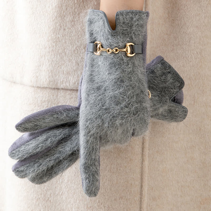 Gants en cuir suédé patchwork en fausse fourrure de lapin pour femmes - Gris - image 3