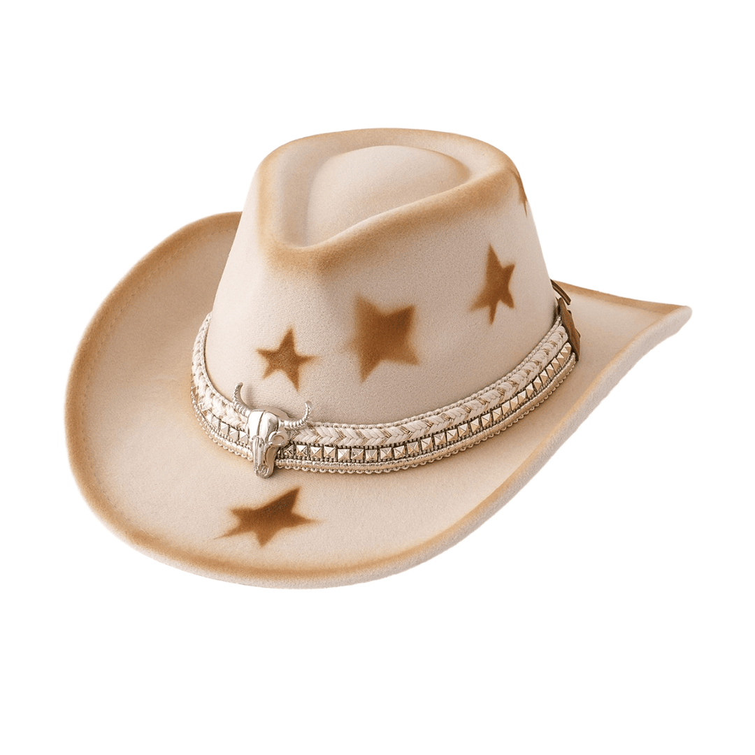 Chapeau de cowboy beige à tête de taureau argentée et étoiles pour homme - Beige - M (22"-22 7/8") - image 0