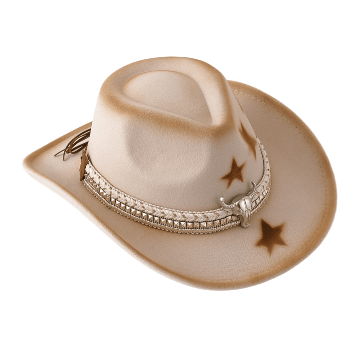 Chapeau de cowboy beige à tête de taureau argentée et étoiles pour homme - image 3