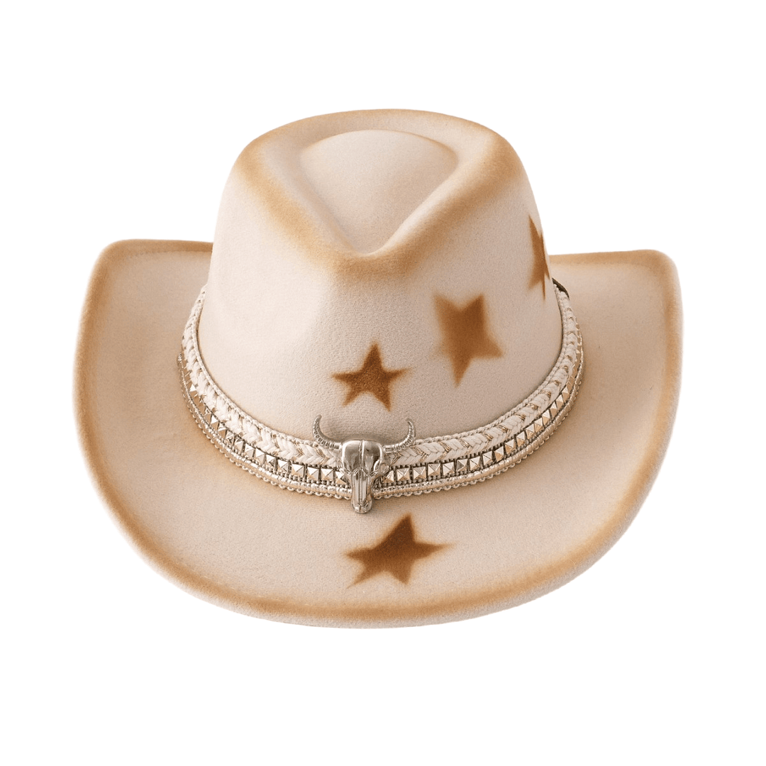 Chapeau de cowboy beige à tête de taureau argentée et étoiles pour homme - image 2