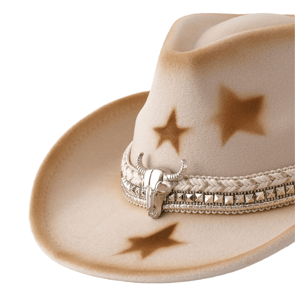 Chapeau de cowboy beige à tête de taureau argentée et étoiles pour homme - image 1