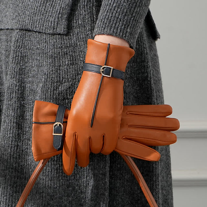 Gants en cuir de mouton véritable bicolores pour femmes - Brun - L - image 5