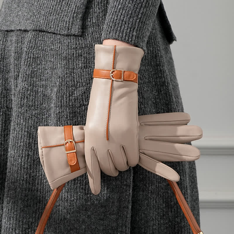 Gants en cuir de mouton véritable bicolores pour femmes - Kaki - L - image 0