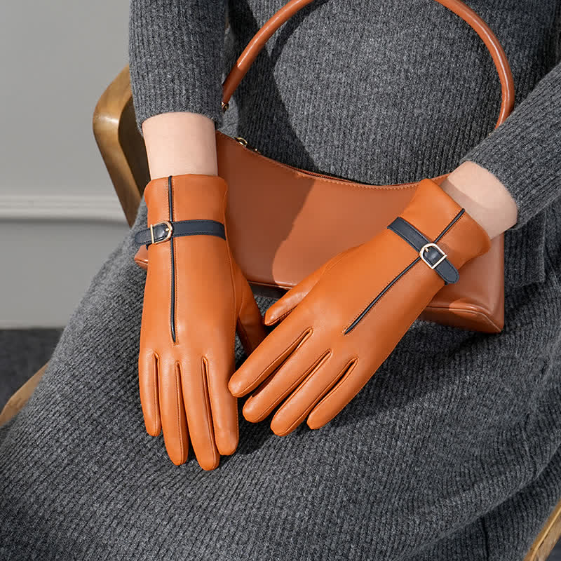 Gants en cuir de mouton véritable bicolores pour femmes - image 6