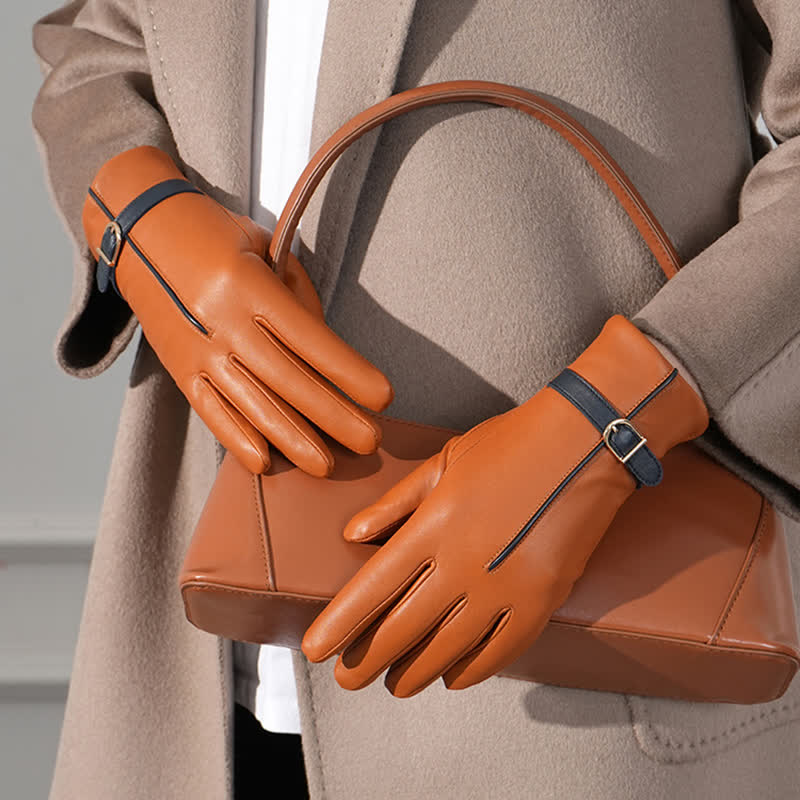 Gants en cuir de mouton véritable bicolores pour femmes - image 7