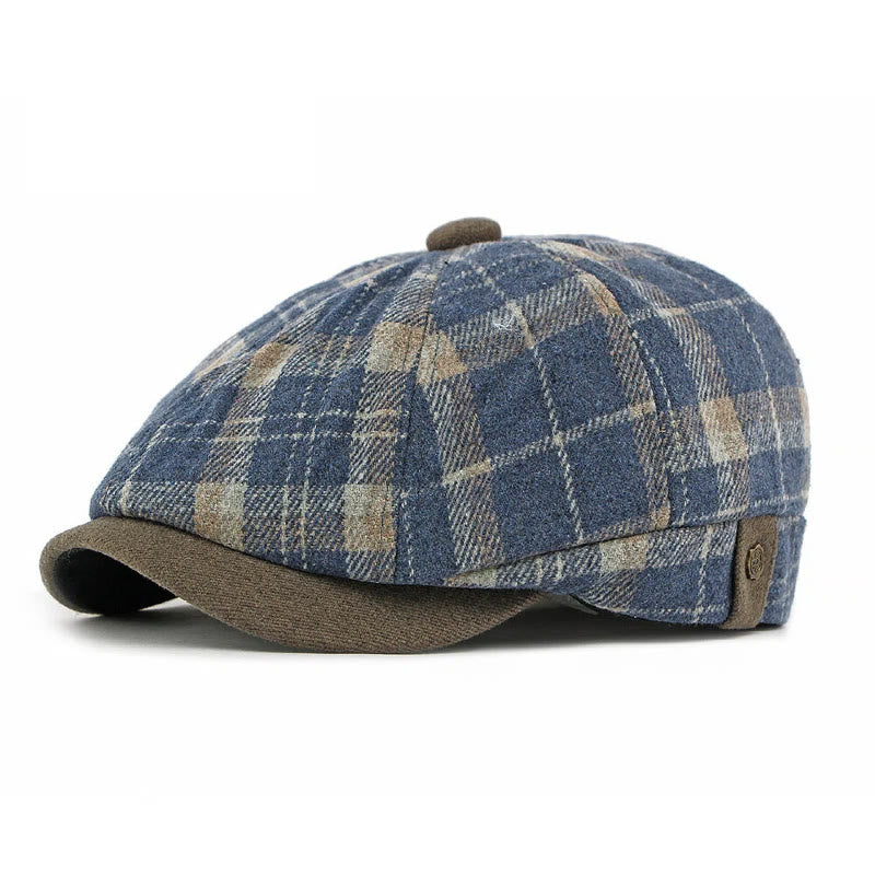Béret homme à carreaux vintage d'hiver et bord contrasté - Bleu - Réglable (21 5/8"-23 1/4") - image 0