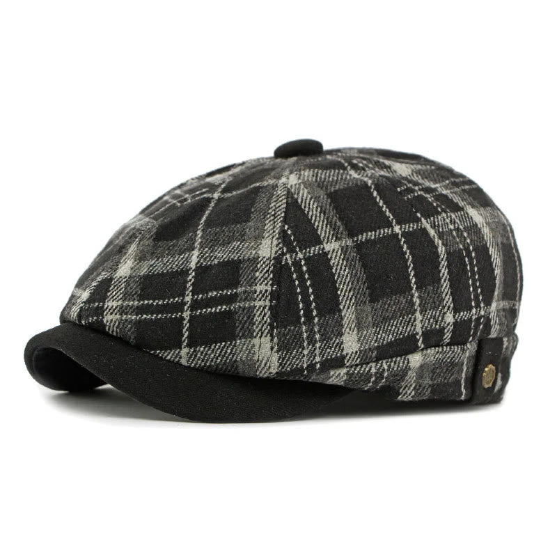 Béret homme à carreaux vintage d'hiver et bord contrasté - Noir - Réglable (21 5/8"-23 1/4") - image 1