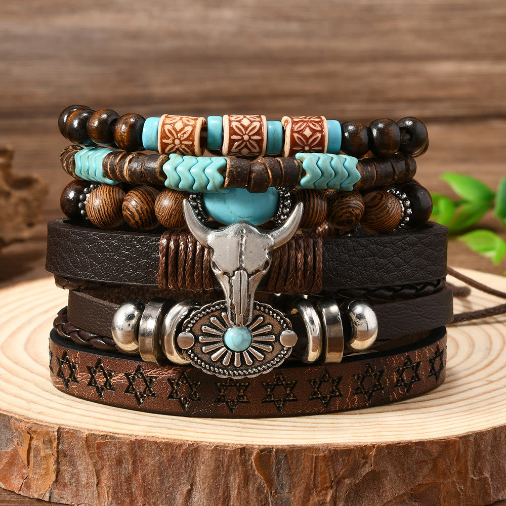 Bracelet en cuir turquoise style western rétro (6 pièces) - Tête de taureau - image 0