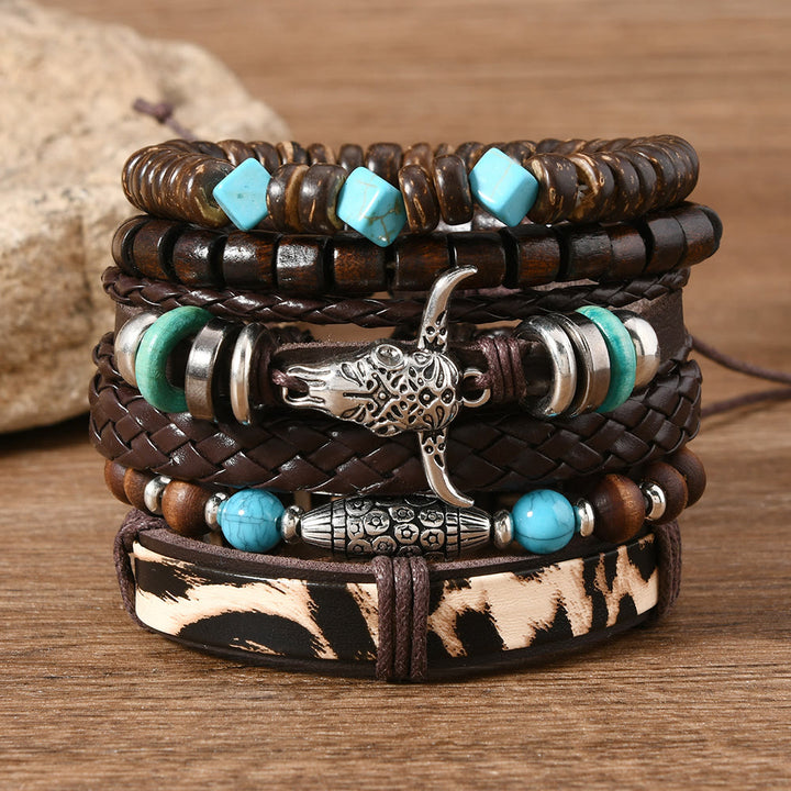 Bracelet en cuir turquoise style western rétro (6 pièces) - Tête de taureau à imprimé léopard - image 6