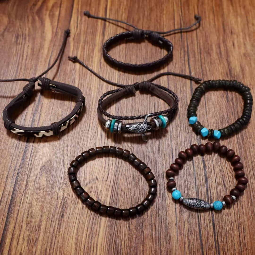 Bracelet en cuir turquoise à perles, motif tête de taureau, style western rétro (6 pièces) - image 3