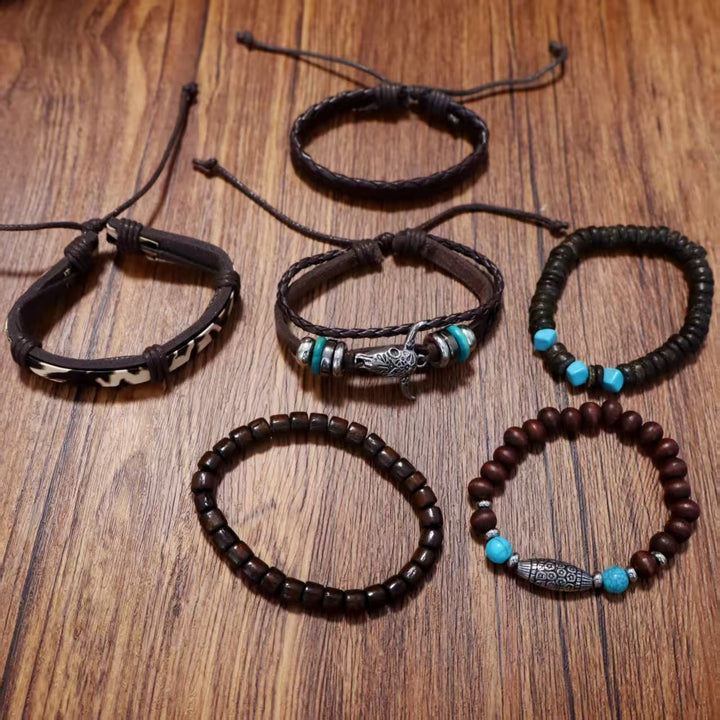 Bracelet en cuir turquoise à perles, motif tête de taureau, style western rétro (6 pièces) - image 3