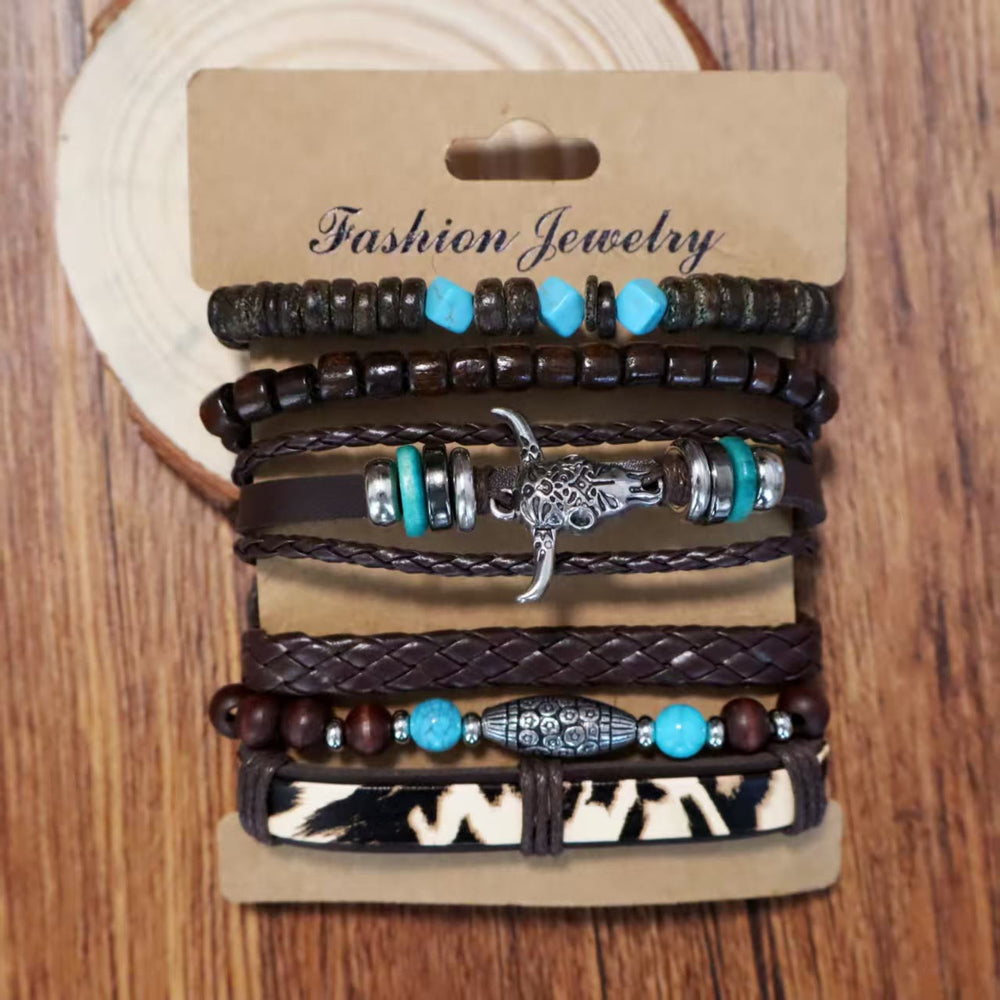 Bracelet en cuir turquoise à perles, motif tête de taureau, style western rétro (6 pièces) - image 1
