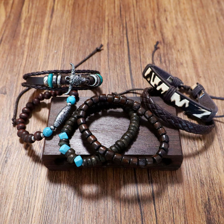 Bracelet en cuir turquoise à perles, motif tête de taureau, style western rétro (6 pièces) - image 2