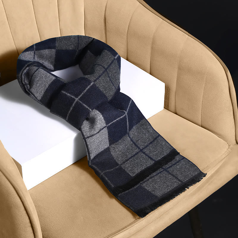 Écharpe chaude classique à carreaux pour homme avec pompons - Bleu marine - image 2