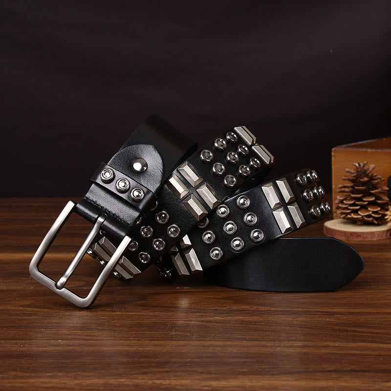 Ceinture en cuir ornée de clous géométriques et ronds haut de gamme au style audacieux - Noir - 44 - image 0