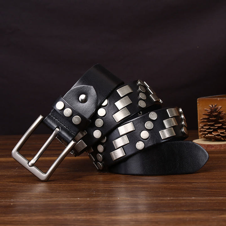 Ceinture en cuir haut de gamme avec accents métalliques carrés et circulaires - Noir - 44 - image 0