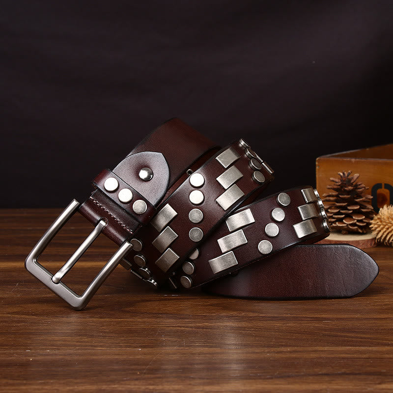 Ceinture en cuir haut de gamme avec accents métalliques carrés et circulaires - Brun - 44 - image 3